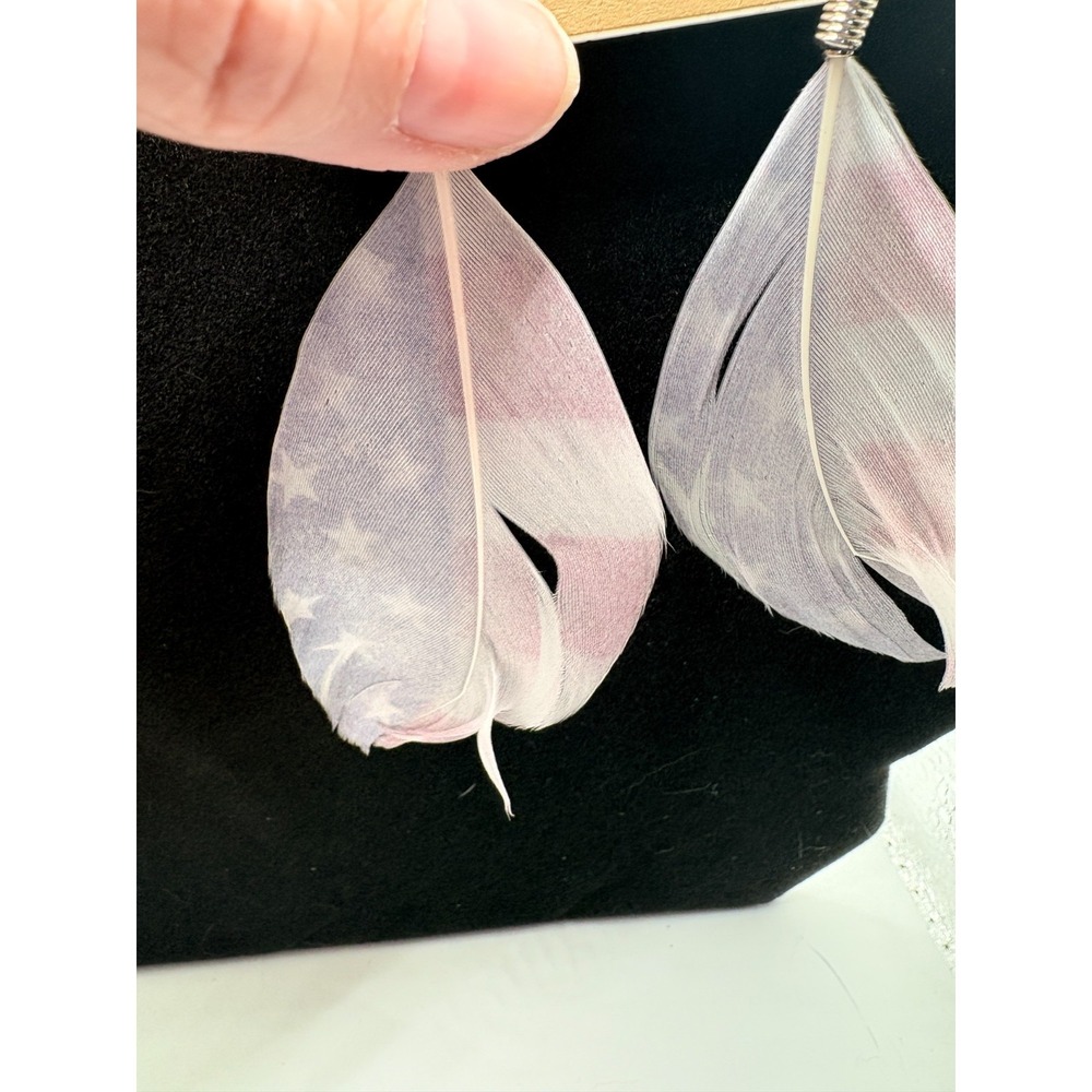 Carole Inc - Long Feather Earrings with Faint Print of US Flag Imprinted